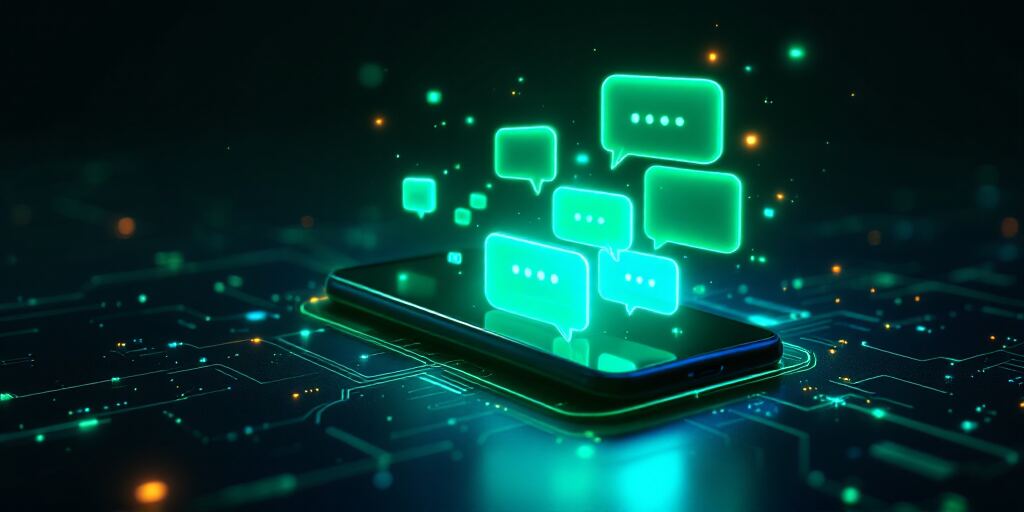 Smartphone with glowing chat bubbles rising above it, representing Mail-o-Mail's WhatsApp channel