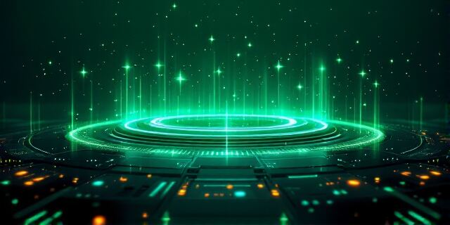 Glowing green data ring rising from a circuit-board surface, representing EU-hosted infrastructure