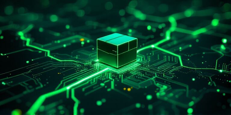 Glowing package cube travelling along a circuit path, representing order and shipping notifications