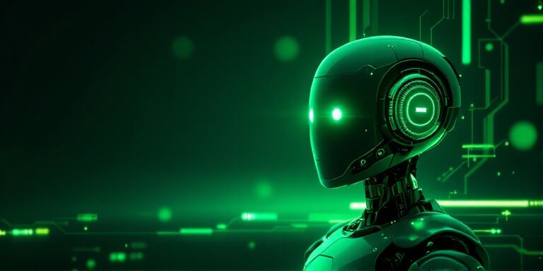 Glowing green robot head, representing automated support deflection with Triggers
